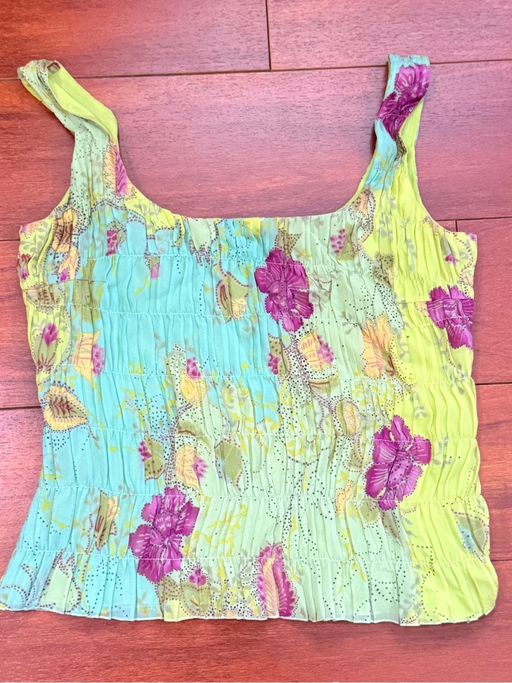 Smocked Square-Neck Tank Top in Lime Green with Purple Floral